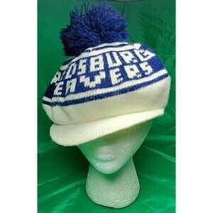 VINTAGE Blue and White KNIT BERET HAT "Reedsburg Beavers" Pom-pom.